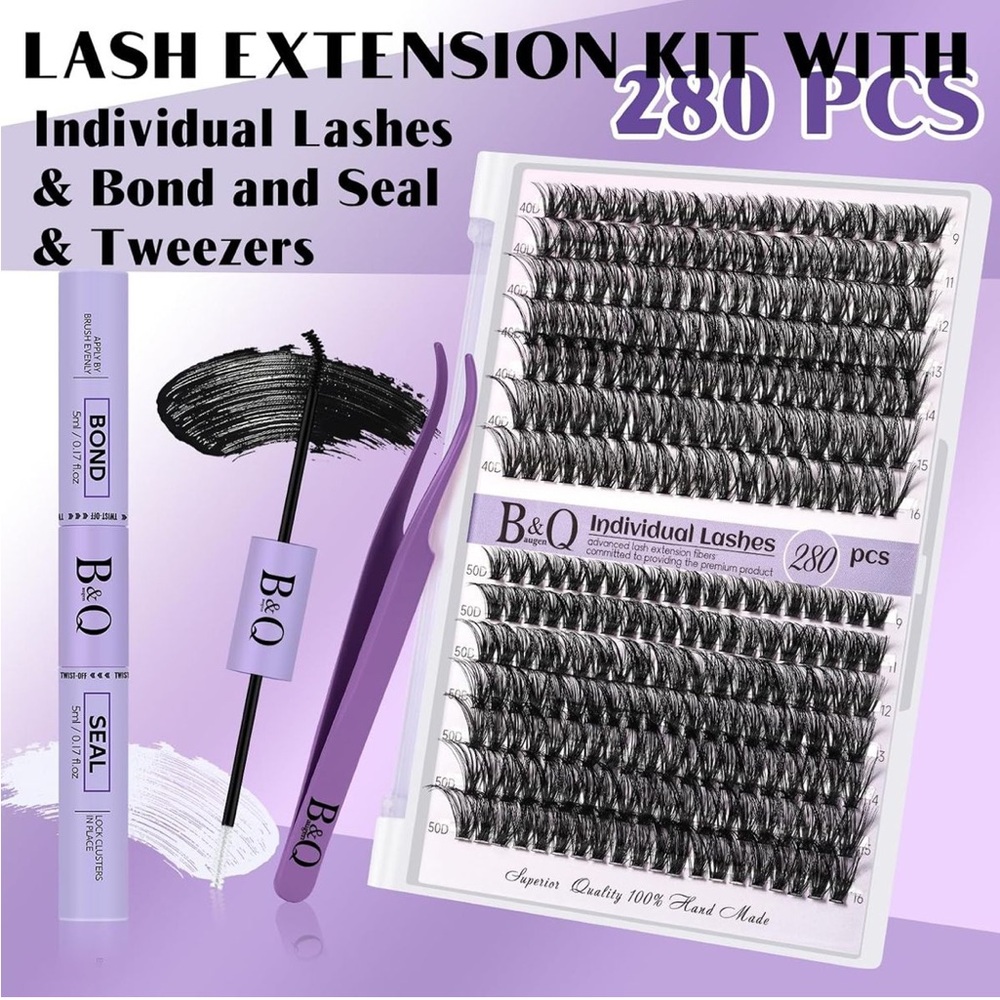 DIY Lash Extension Kit 280pc 40D 50D Clusters D Curl Bond Seal Tweezers NEW - Picture 2 of 7